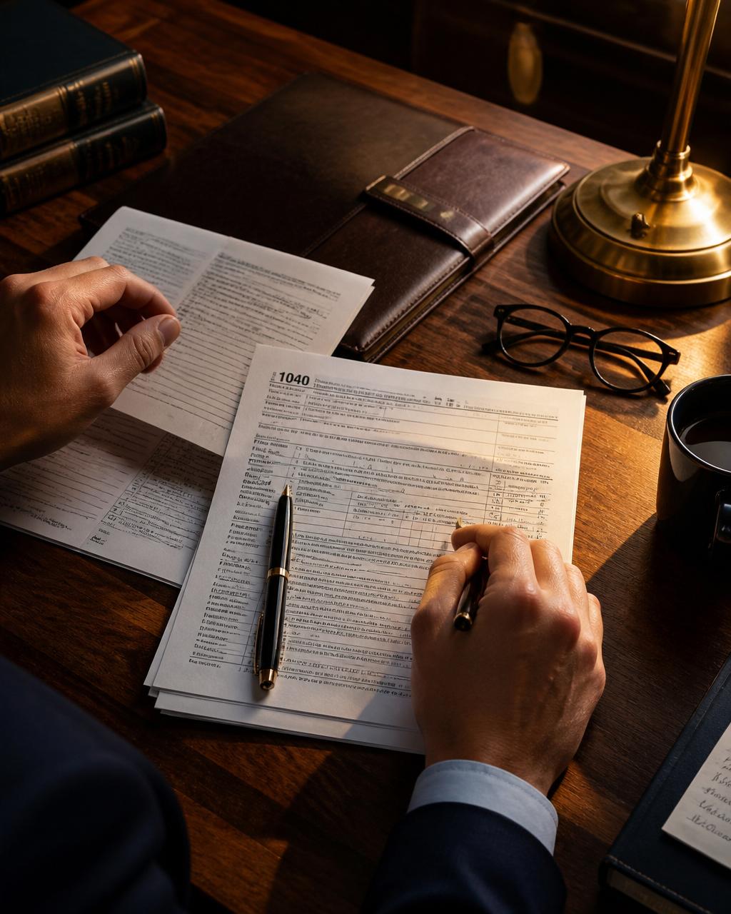 Hands preparing a US Form 1040 tax return at Divine Income Tax